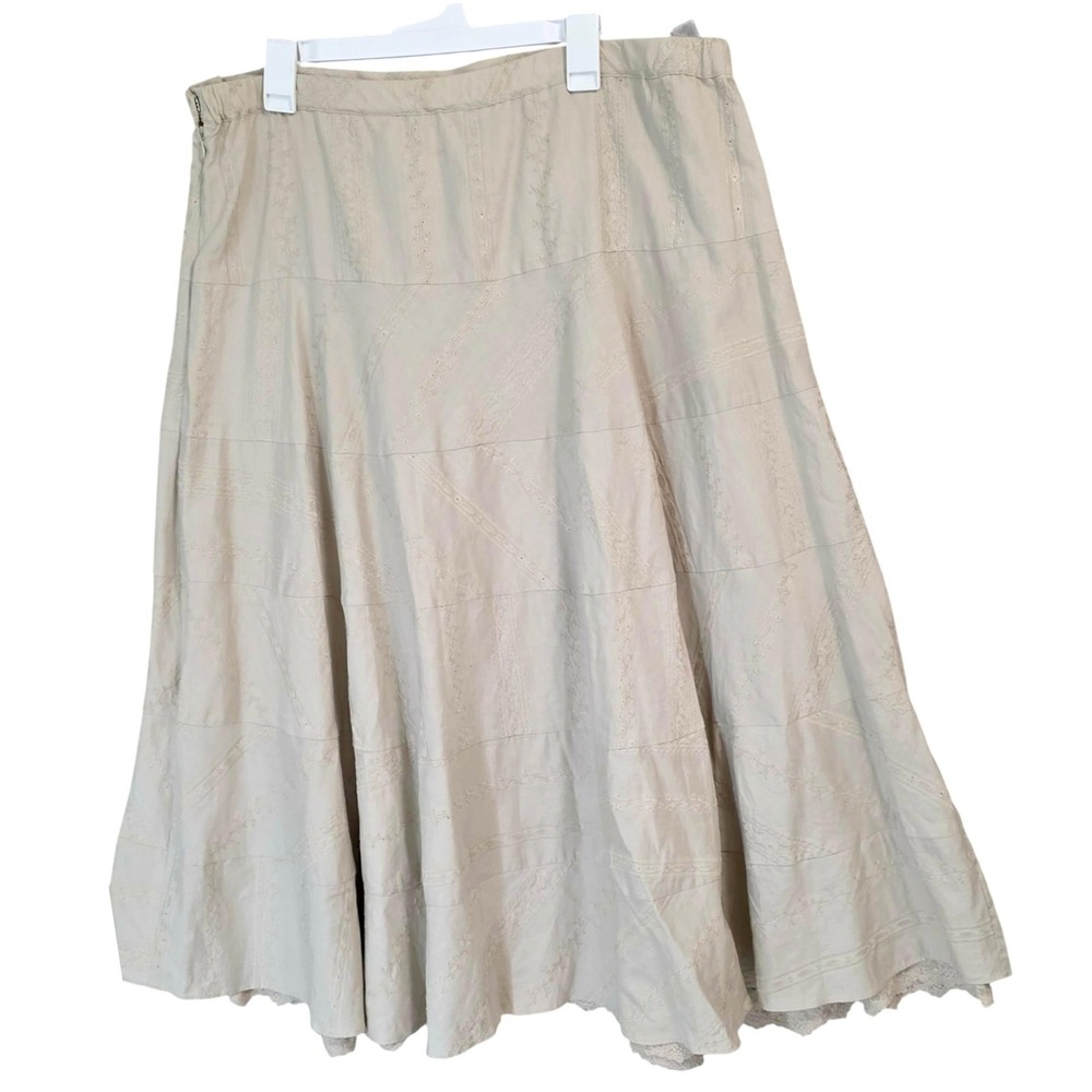 Coldwater Creek Midi Skirt Womens 1X Beige NWT Linen Blend Vine Eyelet Tiered